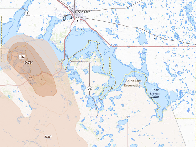 Radar-estimated hail-size map of the storm over Saint Michael, ND on Jul 9, 2026