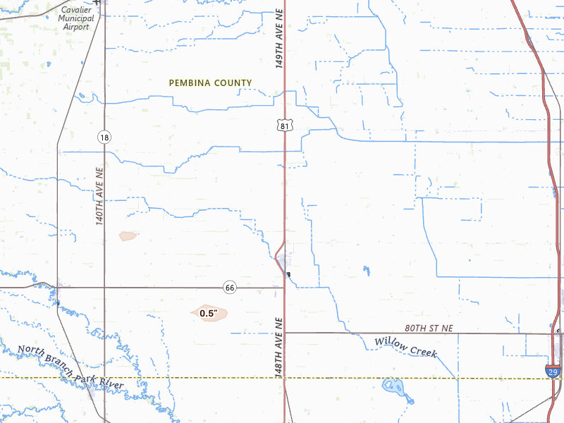 Radar-estimated hail-size map of the storm over Saint Thomas, ND on Jun 15, 2026