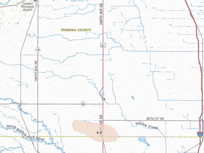 Radar-estimated hail-size map of the storm over Saint Thomas, ND on Jun 23, 2026