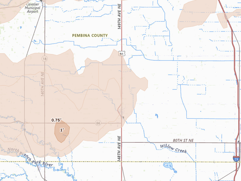 Radar-estimated hail-size map of the storm over Saint Thomas, ND on Jun 28, 2026