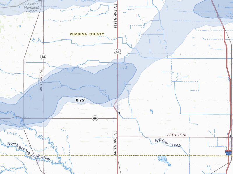 NEXRAD radar-signature map of the hail storm over Saint Thomas, ND on Jun 28, 2026