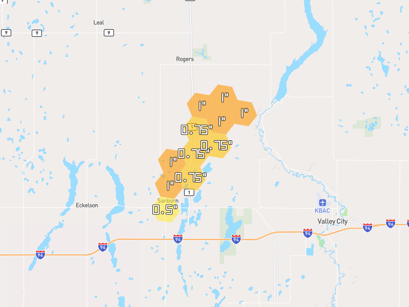 Hail map of Sanborn, ND on Jun 2, 2026, hail up to 1"