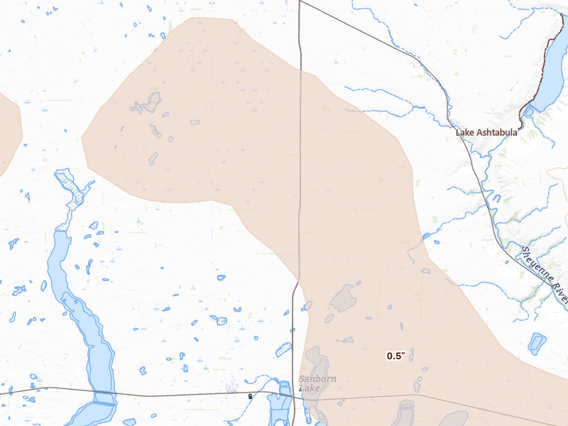 Radar-estimated hail-size map of the storm over Sanborn, ND on Jul 9, 2026