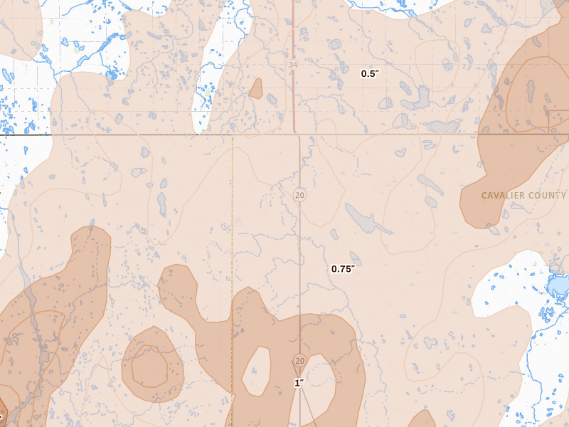 Radar-estimated hail-size map of the storm over Sarles, ND on Jun 2, 2026