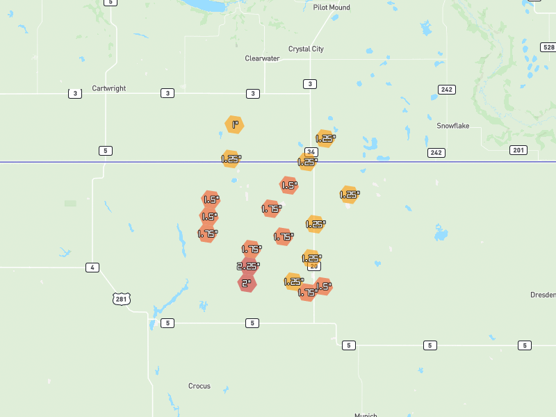 Hail map of Sarles, ND on Jun 2, 2026, hail up to 2.25"