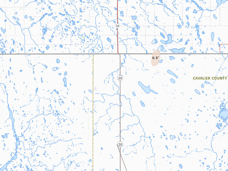 Radar-estimated hail-size map of the storm over Sarles, ND on Jun 29, 2026