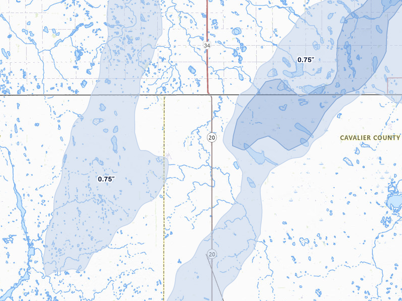 NEXRAD radar-signature map of the hail storm over Sarles, ND on Jun 29, 2026
