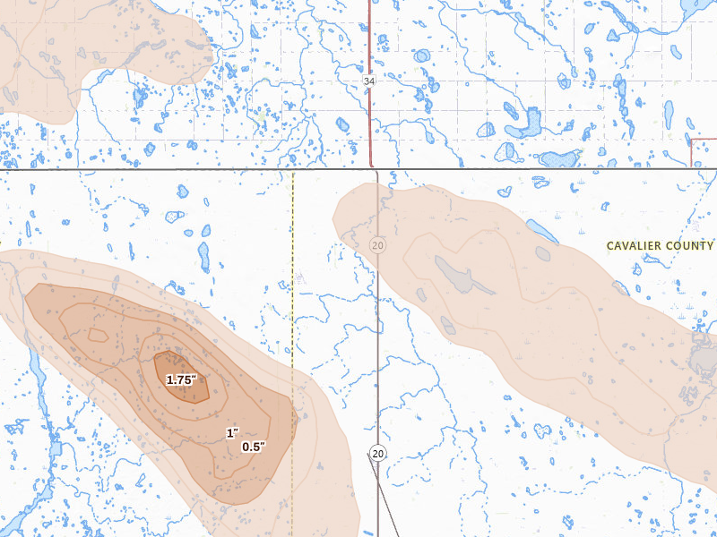Radar-estimated hail-size map of the storm over Sarles, ND on Jul 9, 2026