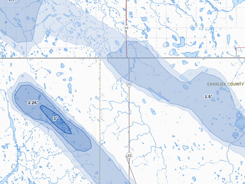 NEXRAD radar-signature map of the hail storm over Sarles, ND on Jul 9, 2026