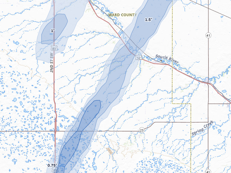 NEXRAD radar-signature map of the hail over Sawyer, ND
