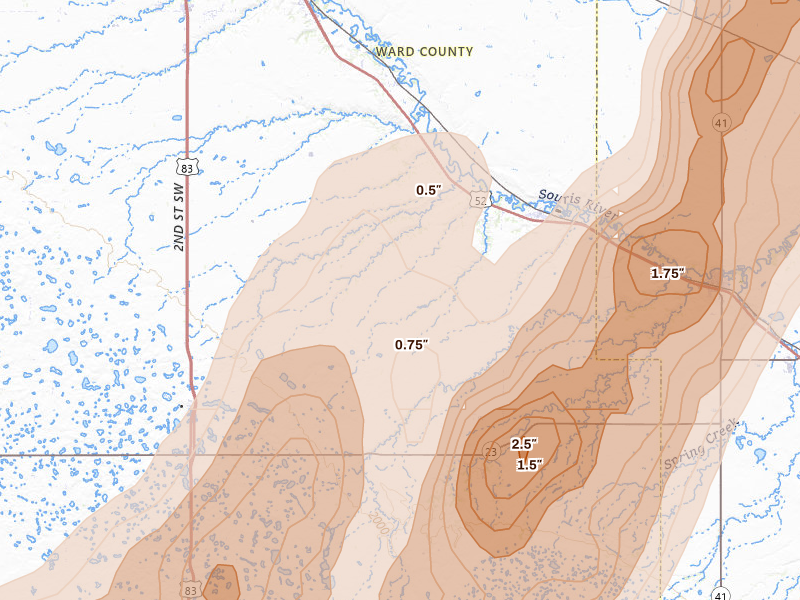 Radar-estimated hail-size map of the storm over Sawyer, ND on Jun 29, 2026