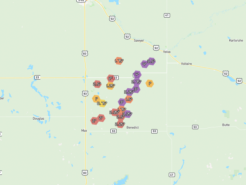 Hail map of Sawyer, ND on Jun 29, 2026, hail up to 4"