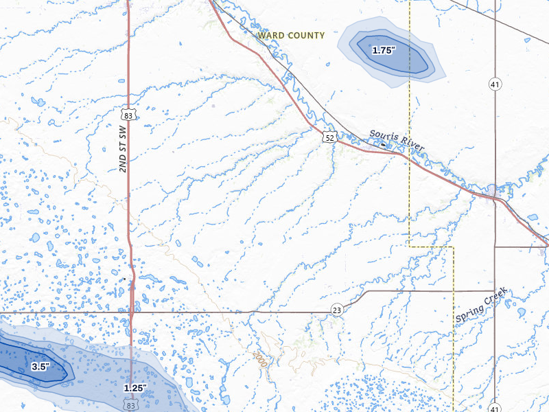 NEXRAD radar-signature map of the hail storm over Sawyer, ND on Aug 10, 2026