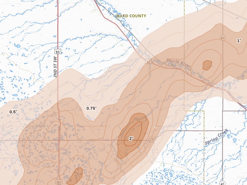 Radar-estimated hail-size map of the storm over Sawyer, ND on Sep 2, 2026
