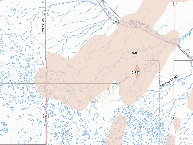 Radar-estimated hail-size map of the storm over Sawyer, ND on Sep 3, 2026