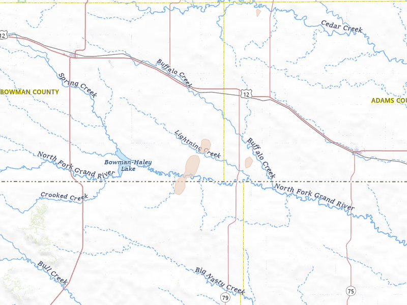Radar-estimated hail-size map of the storm over Scranton, ND on Jun 2, 2026