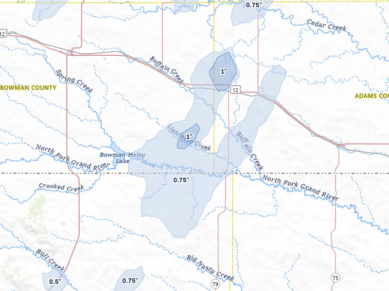 NEXRAD radar-signature map of the hail over Scranton, ND