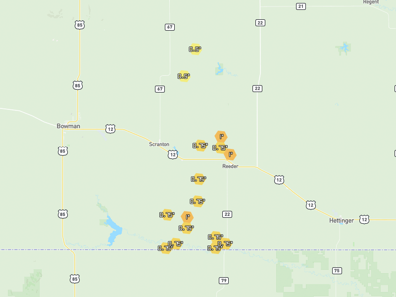 Hail map of Scranton, ND on Jun 2, 2026, hail up to 1"
