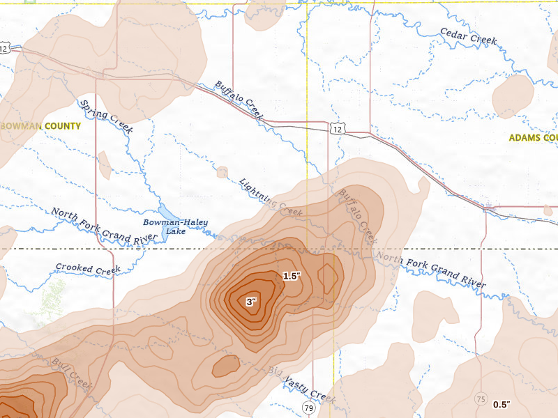 Radar-estimated hail-size map of the storm over Scranton, ND on Jun 27, 2026