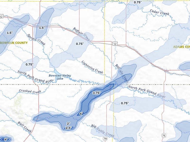 NEXRAD radar-signature map of the hail storm over Scranton, ND on Jun 27, 2026