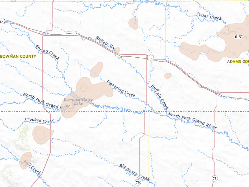 Radar-estimated hail-size map of the storm over Scranton, ND on Jul 1, 2026