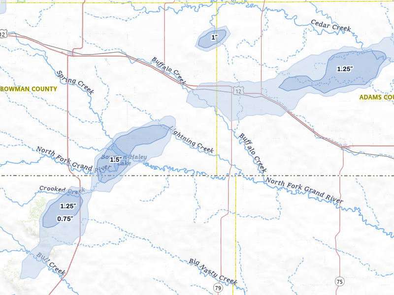NEXRAD radar-signature map of the hail storm over Scranton, ND on Jul 1, 2026
