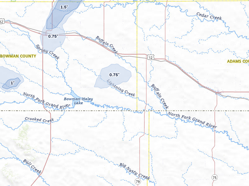 NEXRAD radar-signature map of the hail over Scranton, ND