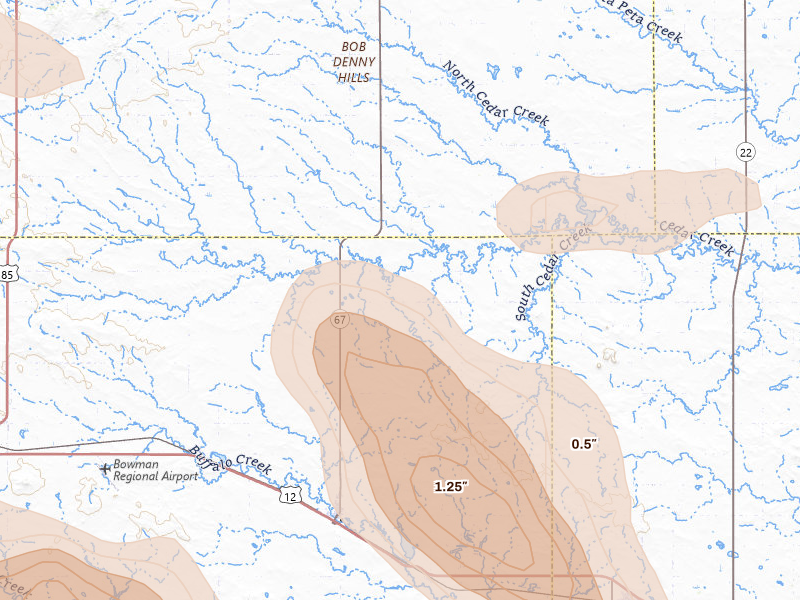 Radar-estimated hail-size map of the storm over Scranton, ND on Aug 10, 2026