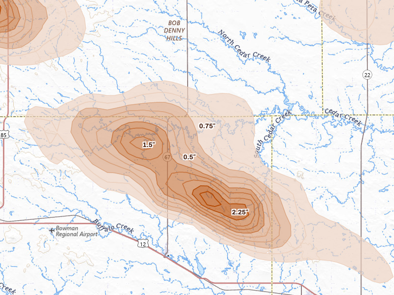 Radar-estimated hail-size map of the storm over Scranton, ND on Aug 11, 2026