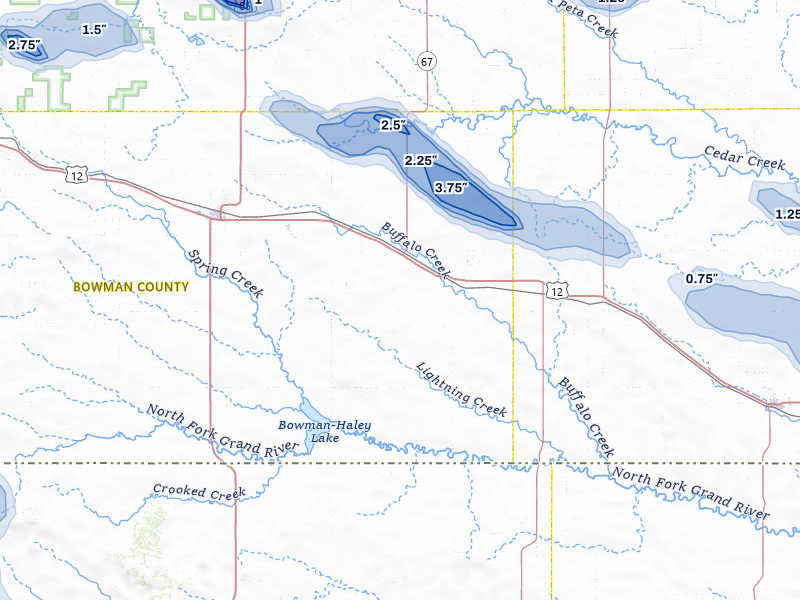 NEXRAD radar-signature map of the hail storm over Scranton, ND on Aug 11, 2026