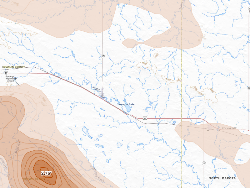 Radar-estimated hail-size map of the storm over Scranton, ND on Aug 23, 2026