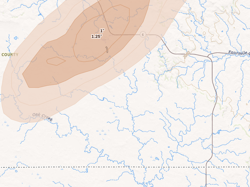Radar-estimated hail-size map of the storm over Selfridge, ND on Jun 26, 2026