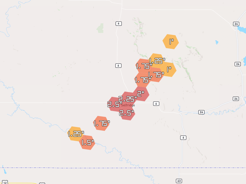 Hail map of Selfridge, ND on Jun 27, 2026, hail up to 2.5"