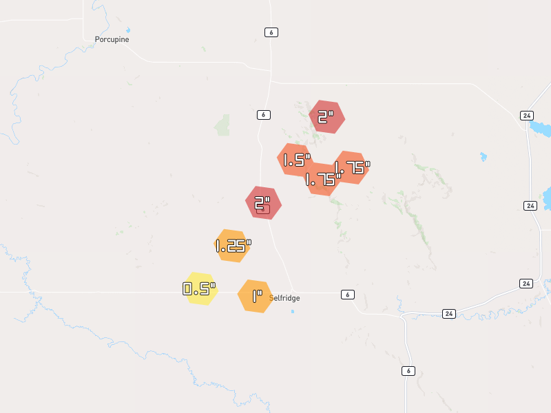 Hail map of Selfridge, ND on Jun 28, 2026, hail up to 2"