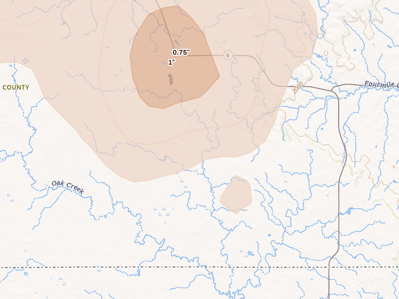 Radar-estimated hail-size map of the storm over Selfridge, ND on Jul 1, 2026