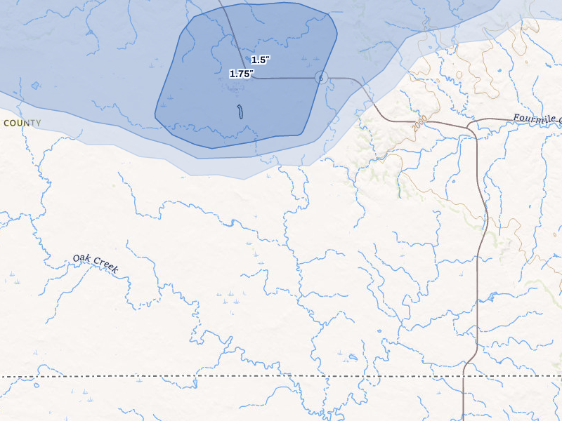 NEXRAD radar-signature map of the hail storm over Selfridge, ND on Jul 1, 2026