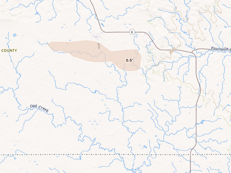 Radar-estimated hail-size map of the storm over Selfridge, ND on Jul 24, 2026