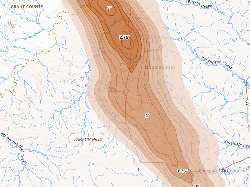 Radar-estimated hail-size map of the storm over Selfridge, ND on Aug 11, 2026
