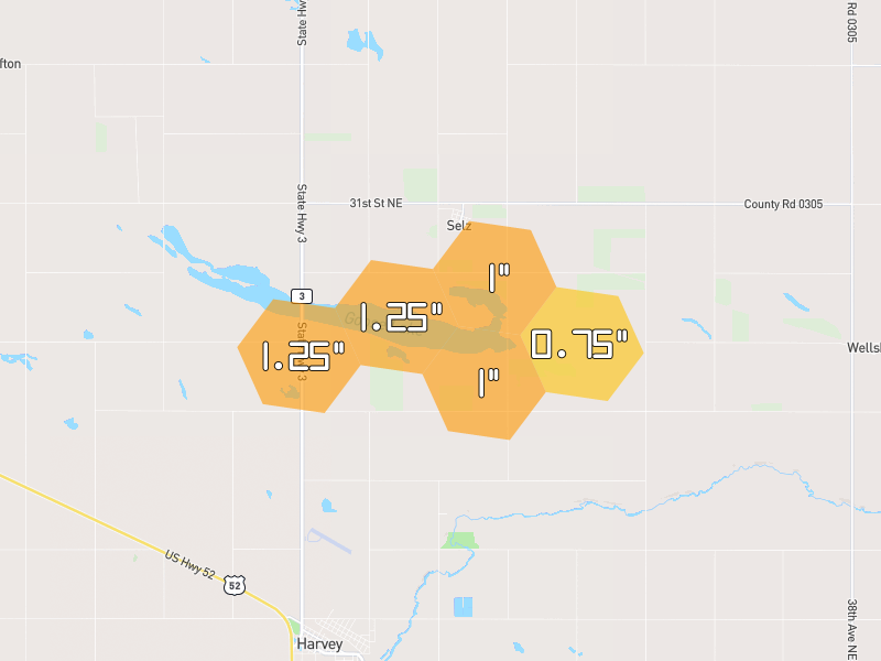 Hail map of Selz, ND on Jun 29, 2026, hail up to 1.25"