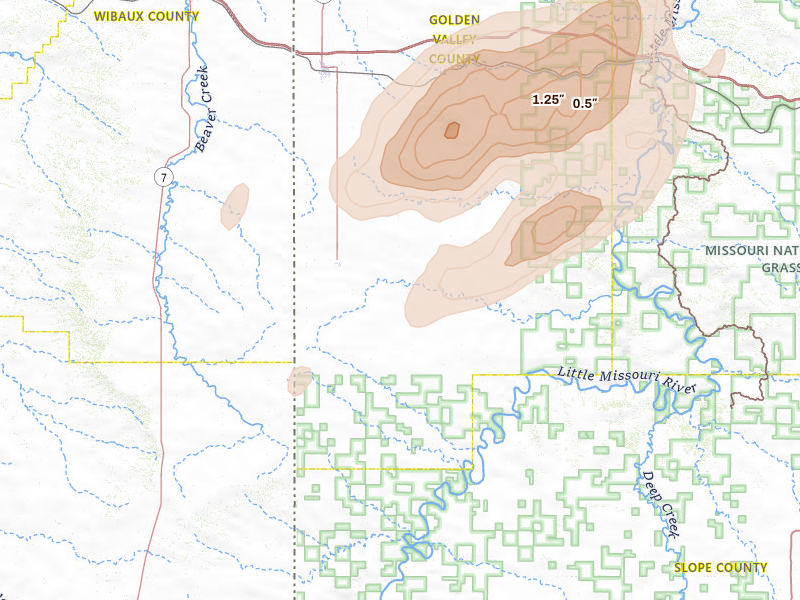 Radar-estimated hail-size map of the storm over Sentinel Butte, ND on Jun 7, 2026