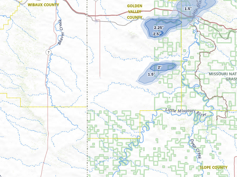 NEXRAD radar-signature map of the hail storm over Sentinel Butte, ND on Jun 7, 2026