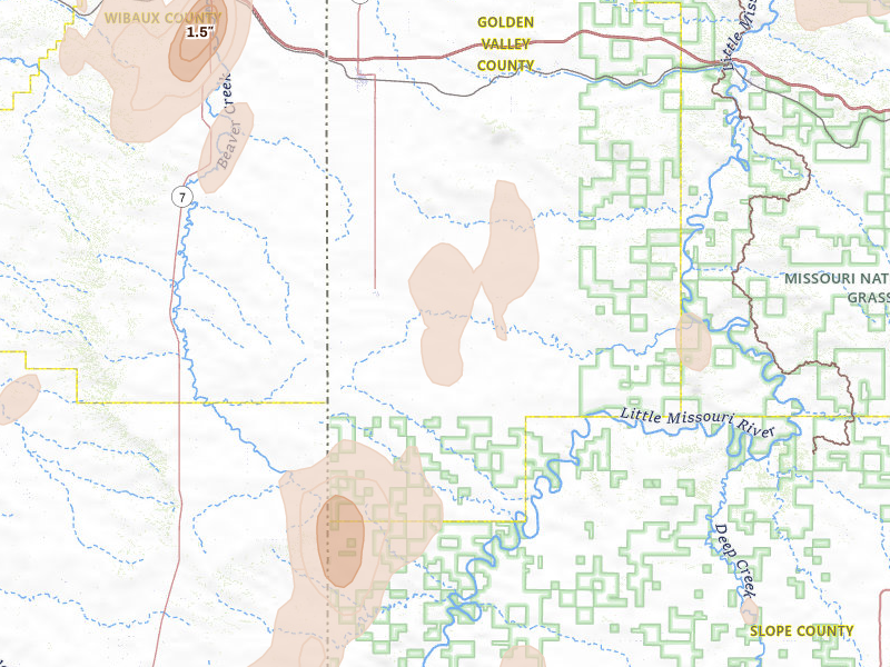 Radar-estimated hail-size map of the storm over Sentinel Butte, ND on Jun 27, 2026