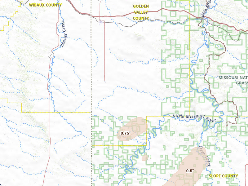 Radar-estimated hail-size map of the storm over Sentinel Butte, ND on Jul 5, 2026
