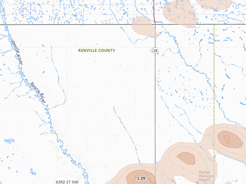 Radar-estimated hail-size map of the storm over Sherwood, ND on Jul 5, 2026