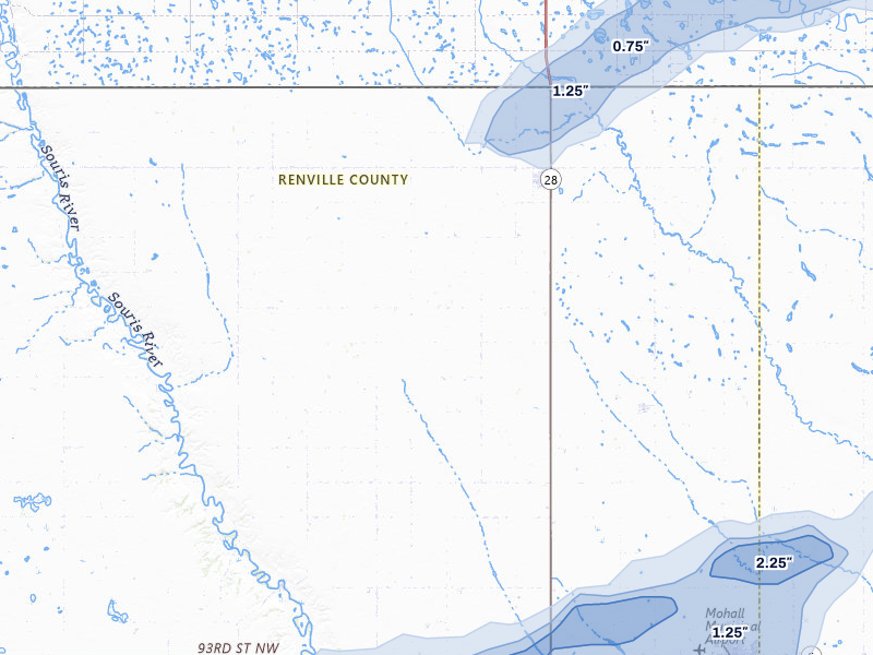 NEXRAD radar-signature map of the hail storm over Sherwood, ND on Jul 5, 2026