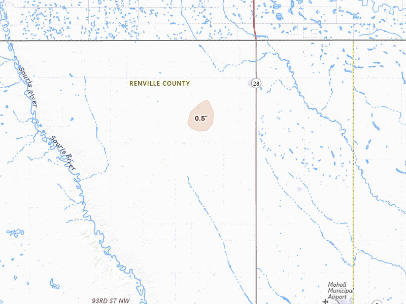 Radar-estimated hail-size map of the storm over Sherwood, ND on Jul 14, 2026