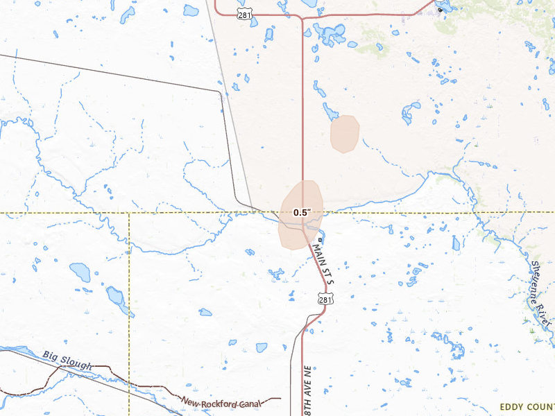 Radar-estimated hail-size map of the storm over Sheyenne, ND on Jun 29, 2026