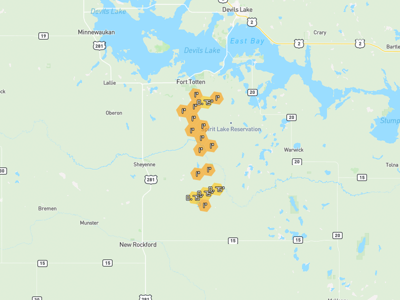 Hail map of Sheyenne, ND on Jul 10, 2026, hail up to 1"