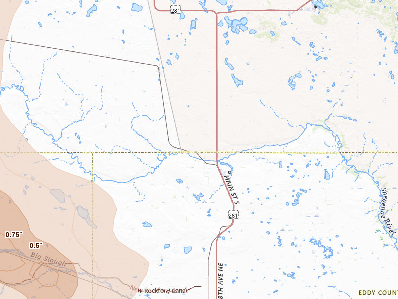 Radar-estimated hail-size map of the storm over Sheyenne, ND on Jul 16, 2026