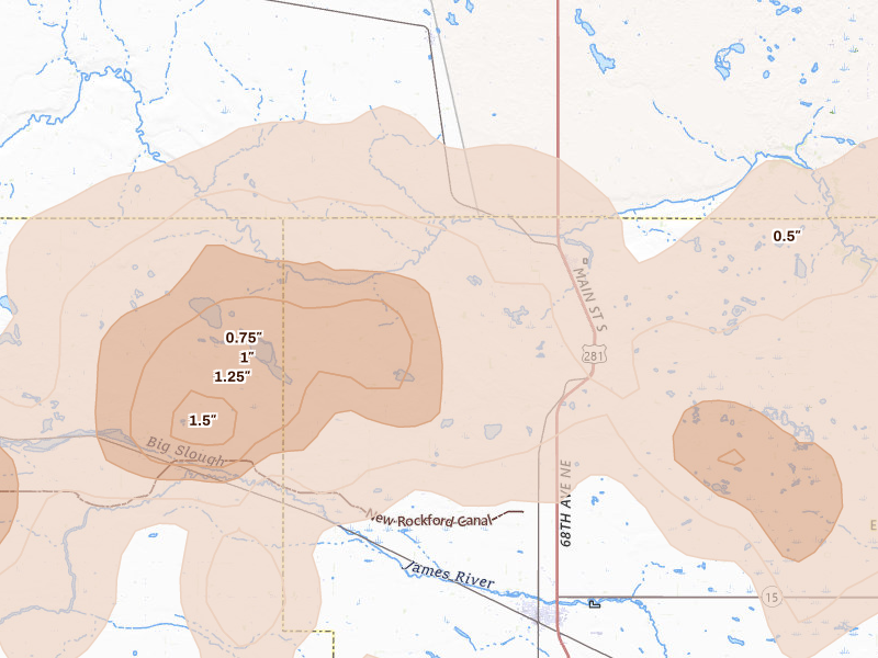 Radar-estimated hail-size map of the storm over Sheyenne, ND on Sep 3, 2026